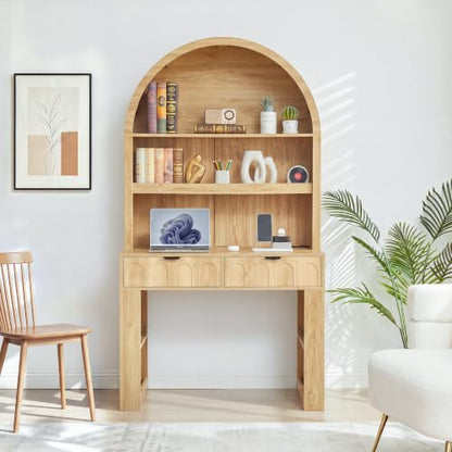 Arched Office Desk with Hutch, Natural, Desktop 39.4" Wx 19.7"D, view 4