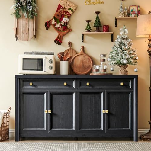 Credenza Storage Cabinet with 4 Doors and 2 Drawers, 59" Large Sideboard Buffet Cabinet, 32.1'' Tall Wood Buffet Table Coffee Bar Console Cabinets for Living Dining Room, Black
