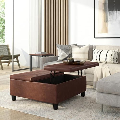 Ellis 36 inch Wide Contemporary Square Coffee Table Storage Ottoman in Distressed Saddle Brown Vegan Faux Leather, Assembled, For the Living Room and Bedroom