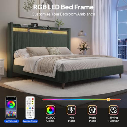 Queen Size Bed Frame with 55.3" Tall Headboard, Corduroy Upholstered,Green, view 6