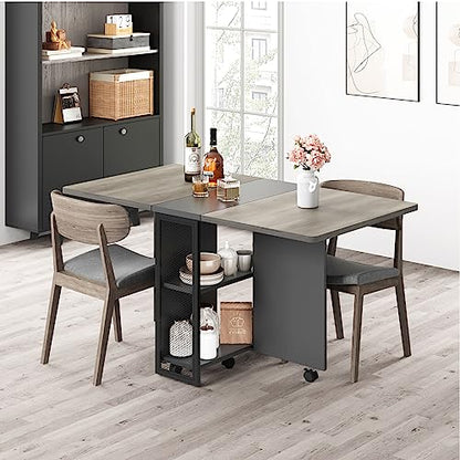 FoldingTable, Drop Leaf Dining Table with 6 Wheels and 2-Layer Storage Shelf, Space Saving Table for Small Spaces (Slate Oak, 50.1" D x 31.4" W x 29.5" H)