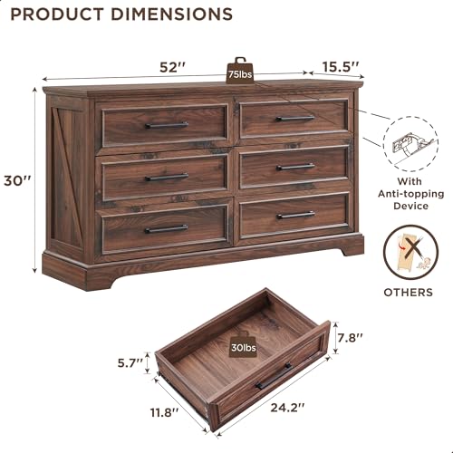 52" Wide Farmhouse 6 Drawer Dresser for Bedroom, Brown, view 3