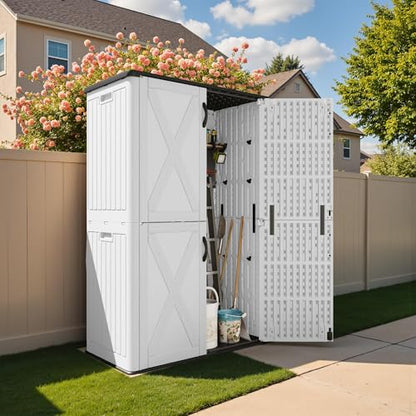 50 Cu Ft Plastic Outdoor Storage Cabinet, White | Vertical Resin Storage Shed with Lockable Door, Waterproof Shed for Patio Furniture Pool Toy, Garden Tool, Shelf Not Included