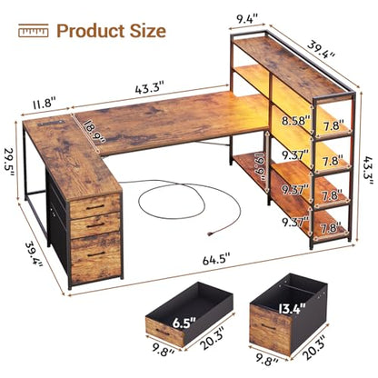 L Shaped Desk with Storage Shelves, 64.5" Reversible U Shaped Office Desk with 3 Fabric Drawers, Gaming Desk with Power Outlet & LED Strip for Home Office, Rustic Brown