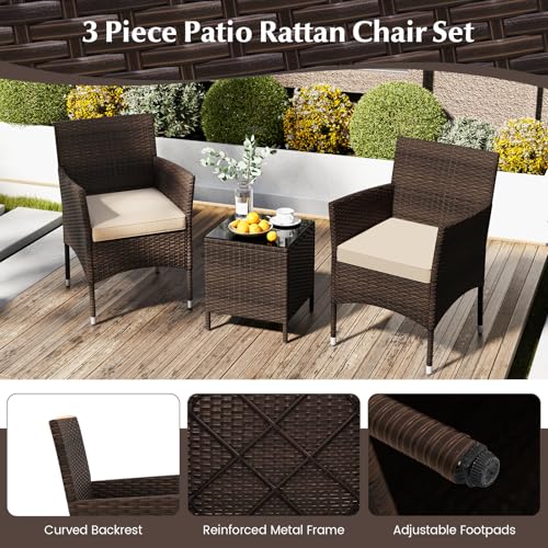 3 Piece Patio Furniture Set, Outdoor Wicker Patio Chairs with Soft Cushions & Tempered Glass Top Table, PE Rattan Bistro Set for Porch, Garden, Balcony (Beige)