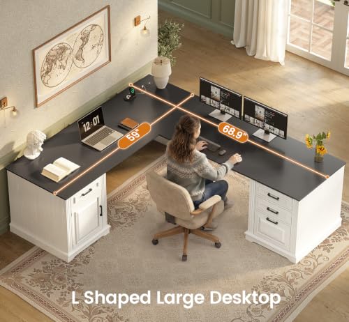 Farmhouse 69" Executive L Shaped Office Desk with 4 Drawers, Storage, view 6
