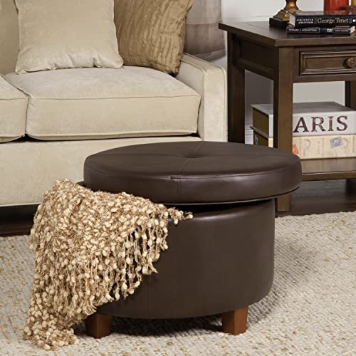 24" Round Leatherette Storage Ottoman - Chocolate Brown