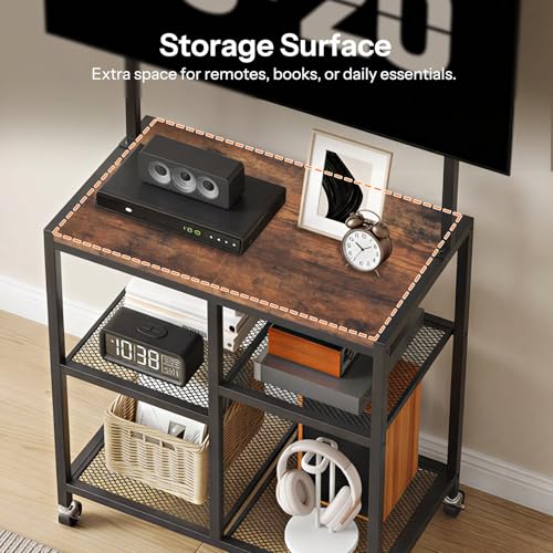 Small TV Stand with Wheels and Mount for 50 Inch TVs, Mobile Rolling TV Stand with Storage Shelves, Small Entertainment Center, for Living Room, Bedroom, Study, Rustic Brown BF37DS01