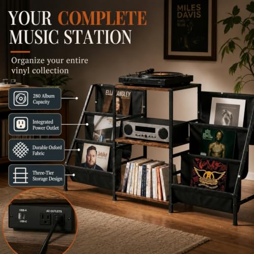 Record Player Stand with Storage, Vinyl Record Holder with Power Outlet, view 4
