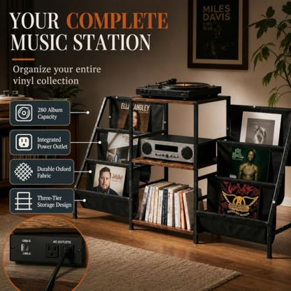 Record Player Stand with Storage, Vinyl Record Holder with Power Outlet, view 4