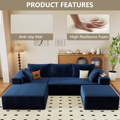 96" Cloud Sectional Couch with U-Shaped Chaise, Corduroy Sectional Sofa with Ottoman, Boneless Couch with Deep Seat in a Box for Living Room, No Assembly Required (Blue, Left Facing Chaise)