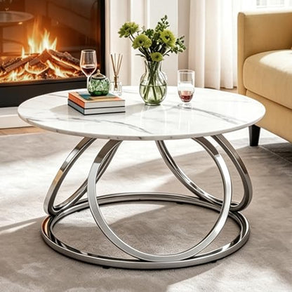 Silver Coffee Table, Round Coffee Table Faux Marble Veins, Modern Center Table with Chrome Finish, for Living Room, Home Office, 1 PC