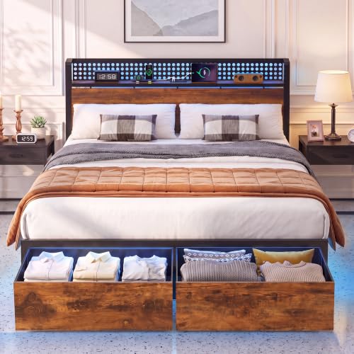 Full Bed Frame with 2 Drawers, Platform Bed with LED Lights & Charging Station, view 2