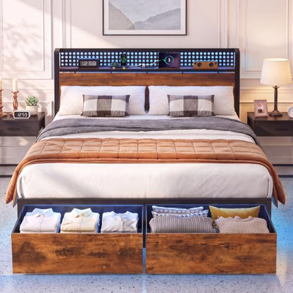 Full Bed Frame with 2 Drawers, Platform Bed with LED Lights & Charging Station, view 2