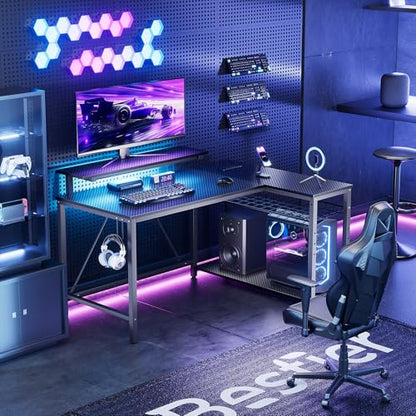 42" L-Shaped Gaming Desk with LED Lights and Power Outlets, Black, view 3