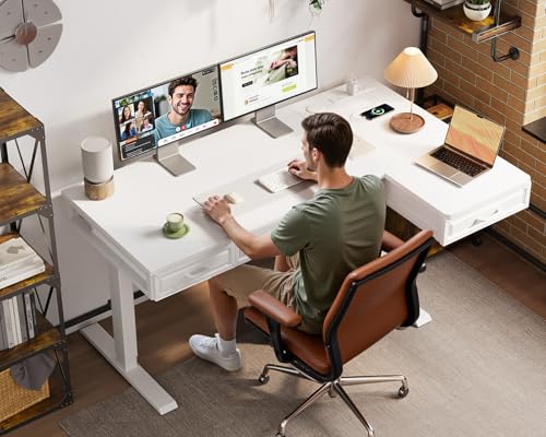 55 Inch L Shaped Standing Desk with 4 Wooden Drawers, White, view 3