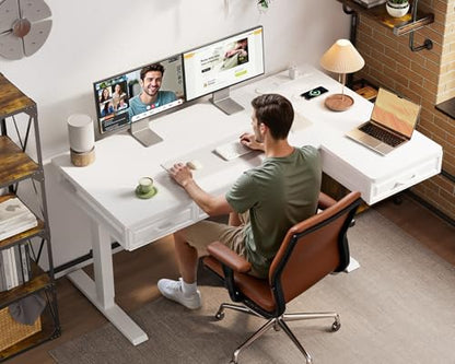 55 Inch L Shaped Standing Desk with 4 Wooden Drawers, White, view 3