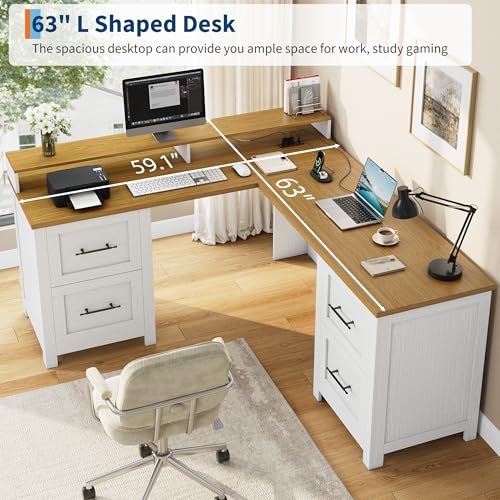 63" Wide L Shaped Executive Desk with 4 Drawers and Charging Station, view 5