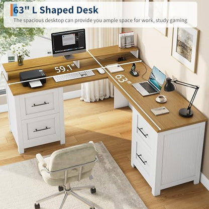 63" Wide L Shaped Executive Desk with 4 Drawers and Charging Station, view 5