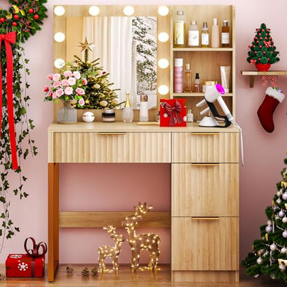 34in Fluted Makeup Vanity Desk with Mirror & Lights & Power Outlet, Small Vanity Table w/ 4 Drawers & 2 Storage Shelves,Oak Modern Dressing Table Set Charging Station for Bedroom