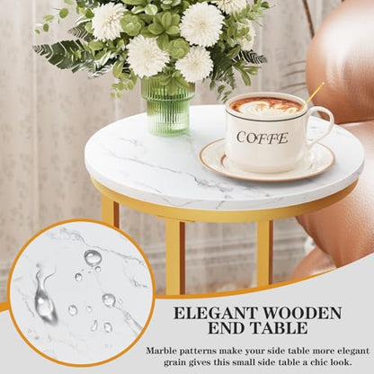 C Shaped end Table,Wood Round Side Table for Couch,Small Sofa Table with Metal Frame for Bedroom,Living Room,Bedside,Gold Color(11.81" D x 11.81" W x 23.62" H)