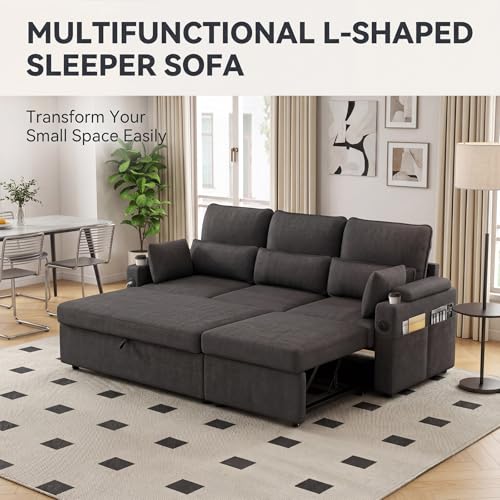 L-Sofa Bed Sleeper Pull Out with Storage Function and Two USB Ports and Cup, view 6