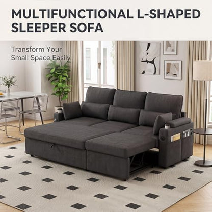 L-Sofa Bed Sleeper Pull Out with Storage Function and Two USB Ports and Cup, view 6