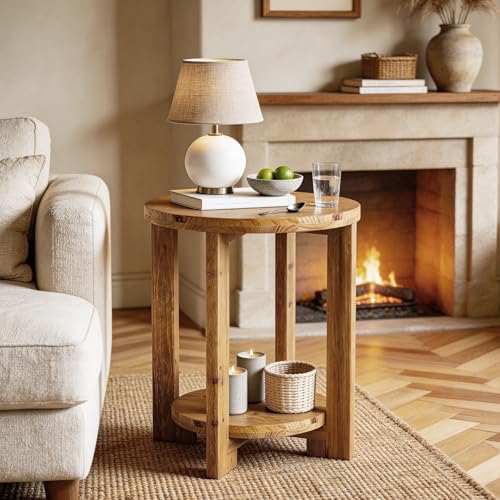 Solid Wood Round End Table, Accent Bed Side Table with Storage Shelf, 2-Tier Circle Wood Nightstand for Living Room, Bedroom, Small Spaces, Brown