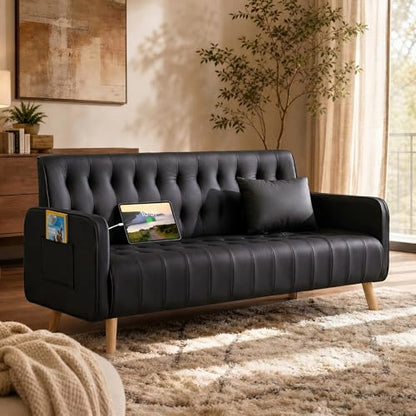 57” W Loveseat Sofa, Small Black Faux Leather Couch w/USB Charging Ports & Pockets, Mid Century Modern Tufted Love Seat Couches, Mini Office Sofa Couch for Small Spaces, Bedroom, Apartment
