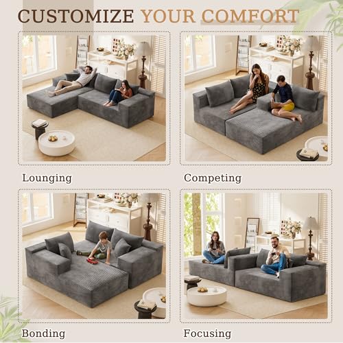 Boneless Couches for Living Room, 108" Sectional Modular Sectional Sofa with Deep Seat, Cloud Comfy Couch with L-Shape Chaise, Easy Assembly (Corduroy, Gray)