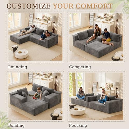 Boneless Couches for Living Room, 108" Sectional Modular Sectional Sofa with Deep Seat, Cloud Comfy Couch with L-Shape Chaise, Easy Assembly (Corduroy, Gray)