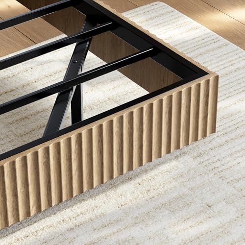 Bedroom Furniture Set-Bed with 2 Nightstands, Mid Century Modern Bedroom Set, Floating Bed Frame Led Lights, Fluted Floating Room Furnitures, 3-Piece Room Set (Nbh, Queen)