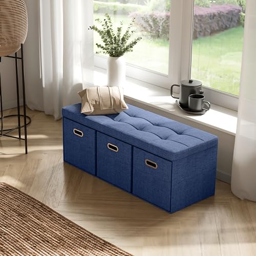 40 Inch Storage Ottoman with 3 Drawers, Tufted Linen, Navy Blue | Foldable Large Bench Design; Foot Rest Stool Seat; Ideal for Living Room, Bedroom or Entryway
