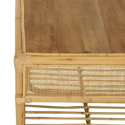 SAFAVIEH Furniture - Webber Square Coffee Table - Natural Solid Wood with Rattan Shelf Storage - Boho Living Room Table, 31.5" W x 31.5" D x 17.7" H (COF6519A)