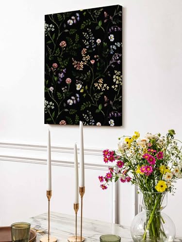 NuYeBiofx Dark Watercolor Blossom Flower Canvas Wall Art Prints,48"x32" Framed Picture Artwork Rustic Floral Leaves on Black Printed Canvas Oil Painting for Living Room Bedroom Office,Ready to Hang