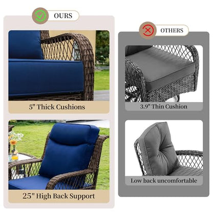 Outdoor Swivel Chairs 3 Piece Wicker Rocking Chairs Set Patio Furniture Set with Rattan Side Table Rocker Bistro Sets for Outside Porch Backyard (5" Thick Cushions and 25" Full Support Back)