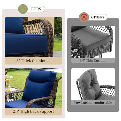 Outdoor Swivel Rocker Chairs 3 Pieces Wicker Swivel Patio Chair with Rattan Side Table, 5" Extra Thick Cushions and 25" Full Support Back, Patio Furniture Set for Outside Porch Deck