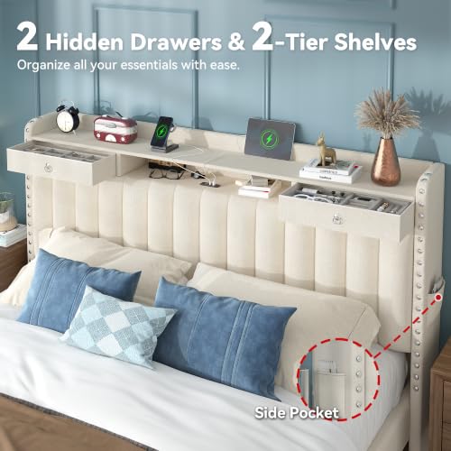King Bed Frame and Headboard & 4 Storage Drawers, Built-in Charging Station, view 5