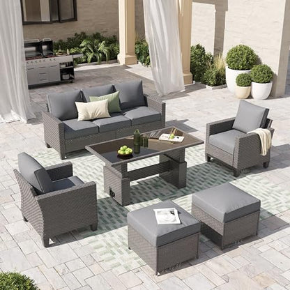 Outdoor Patio Furniture Set 6 Piece Wicker Conversation Set with Lift Coffee Table Sectional Dining Set 3 Seat Sofa Couch with Ottoman, Grey Wicker & Grey Cushion