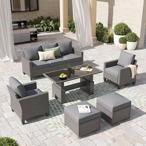 Outdoor Patio Furniture Set 6 Piece Wicker Conversation Set with Lift Coffee Table Sectional Dining Set 3 Seat Sofa Couch with Ottoman, Grey Wicker & Grey Cushion