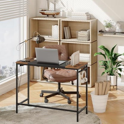 Computer Desk, Home Office Desk with Power Outlet, Modern Study Writing Desk with 3 Hooks for Study Room, Home Office, Sturdy and Stable, Easy to Assemble, Rustic Brown and Black BF41UDN01