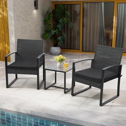 Outdoor 3-Piece Wicker Bistro Set, Rattan Patio Conversation Set with Coffee Table, for Backyard Garden Poolside, Black Frame & Black Cushion