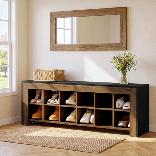 48-inch Farmhouse Entryway Bench, Wooden Shoe Storage Bench with 12 Cubbies & Compartments, Shoe Rack Organizer, Freestanding Shoe Cabinet for Hallway, Mudroom, Cloakroom, Bedroom