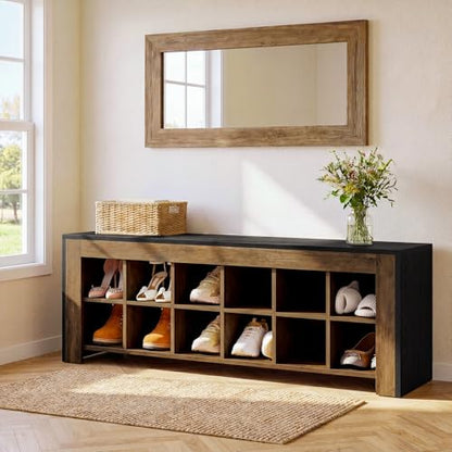 48-inch Farmhouse Entryway Bench, Wooden Shoe Storage Bench with 12 Cubbies & Compartments, Shoe Rack Organizer, Freestanding Shoe Cabinet for Hallway, Mudroom, Cloakroom, Bedroom