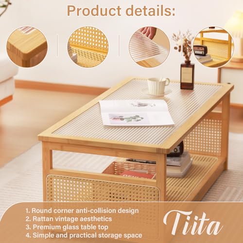 Coffee Tables for Living Room，Mid Century Modern Storage 2-Tier Coffee Tables，Rattan Glass RectangleTables，Suitable for Living Room Apartment，Wood
