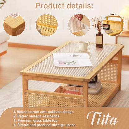 Coffee Tables for Living Room，Mid Century Modern Storage 2-Tier Coffee Tables，Rattan Glass RectangleTables，Suitable for Living Room Apartment，Wood