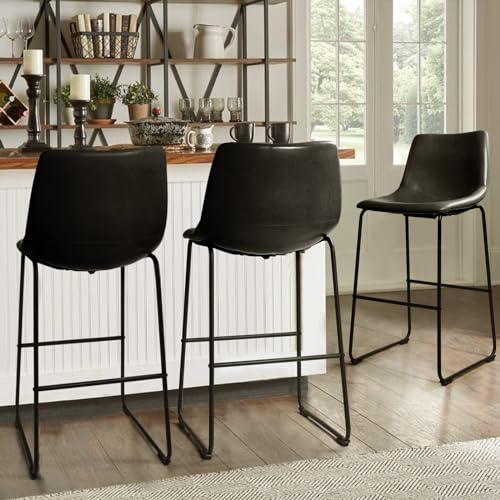 Waleaf 30 inch Bar Stools Set of 4,Counter Height Bar Stools with Back, Modern PU Leather Stools with Metal Leg and Footrest (Black, 4 Pcs 30" Counter Height Barstools)