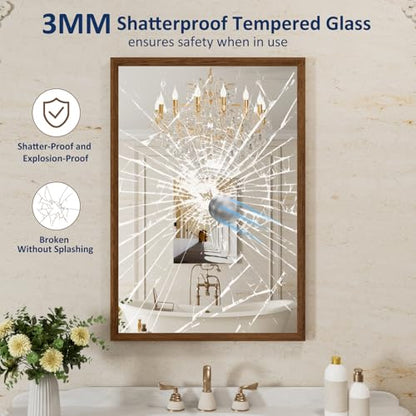 Walnut Bathroom Mirror 24x36 Inch, Walnut Wood Grain Framed Mirror, Rectangle Wall Mounted Bathroom Vanity Mirror with Tempered Glass, Hangs Vertically or Horizontally, Anti-Rust