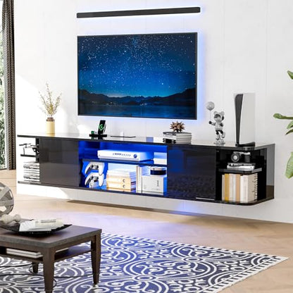 63" Black Floating TV Stand with LED Lights & Power Outlet, view 2