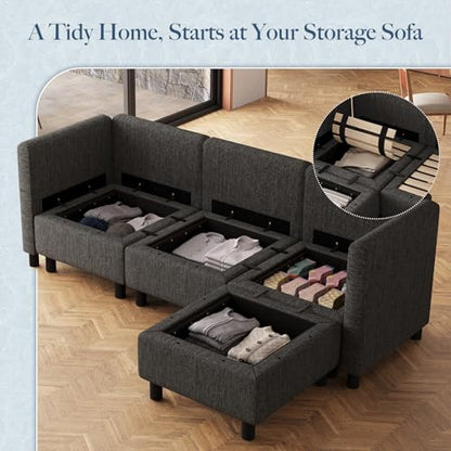 84.3" 4 Seats L Shaped Couch Modular Sectional Sofa Washable Sectional Couches for Living Room Comfy Couches with Storage Seat Couch Sofas with Chaise,Dark Grey